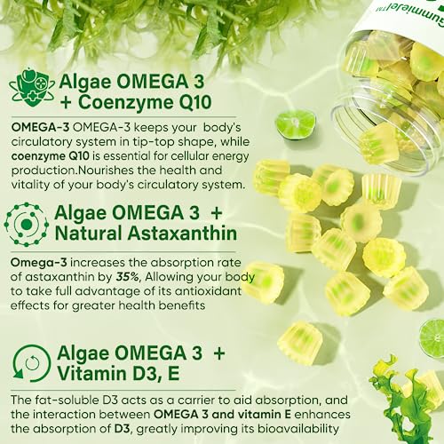 Vegan Omega 3 Supplement Gummies 1100mg, Algae Omega 3 DHA 640mg & EPA 290mg from Marine, with CoQ10, Astaxanthin, Vitamin E, A, D3 for Brain, Eye, Joint, Fish Oil Supplements Alternative, Sugar Free