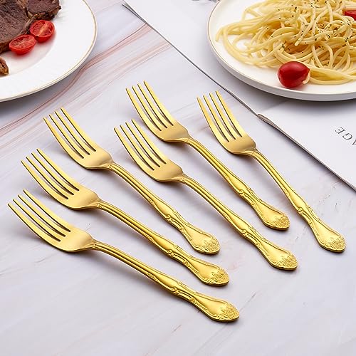 Matte Gold Dessert Forks, FULLYWARE Stainless Steel Satin Finish Forks Silverware Salad Fork Set of 6, Rose Pattern Design, Dishwasher Safe