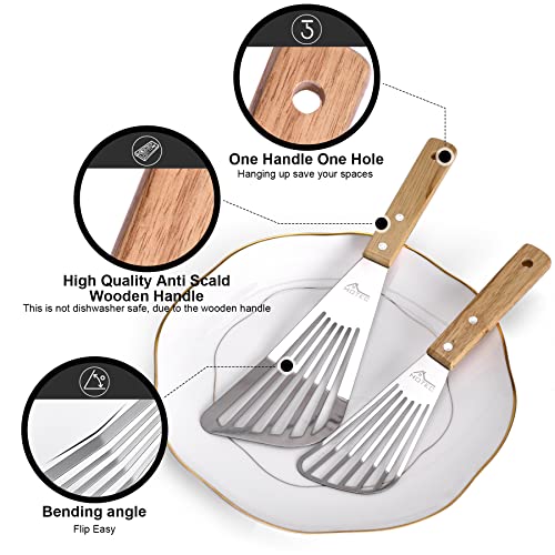 HOTEC 2pcs Stainless Steel Wooden Handle Fish Spatula, Metal Spatula Flipping Foods