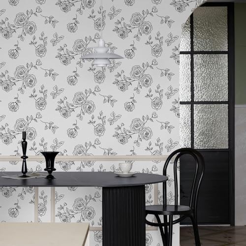 Qianglive Peel and Stick Floral Wallpaper White and Black Vinyl 17.3"×80" Contact Paper Waterproof for Cabinets liveroom Bedroom