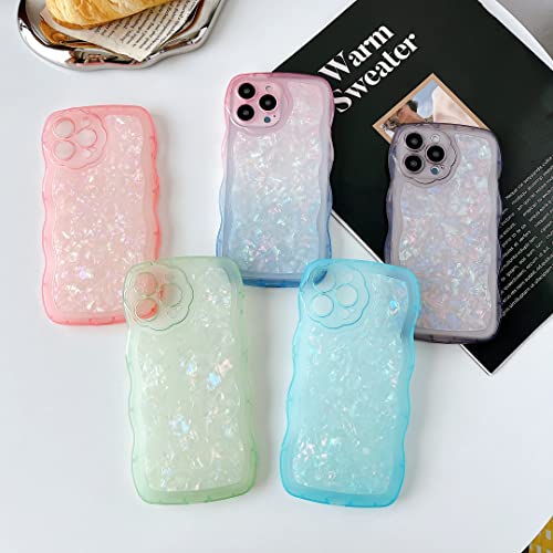 Qokey Clear Cute Flower Design Lens Glitter Shell Pattern Case with Wave Curly Frame,Soft Slim Shockproof Anti-Fingerprint Dirt-Resistance Compatible with iPhone Case(Blue,for iPhone 13 Pro Max)