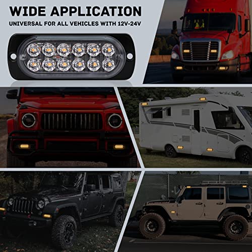4-Pack 12 LED Amber Strobe Light Kit for Vehicles and Trucks - 12V-24V Emergency Warning Hazard Flash Bar Grill Surface Mount - Waterproof