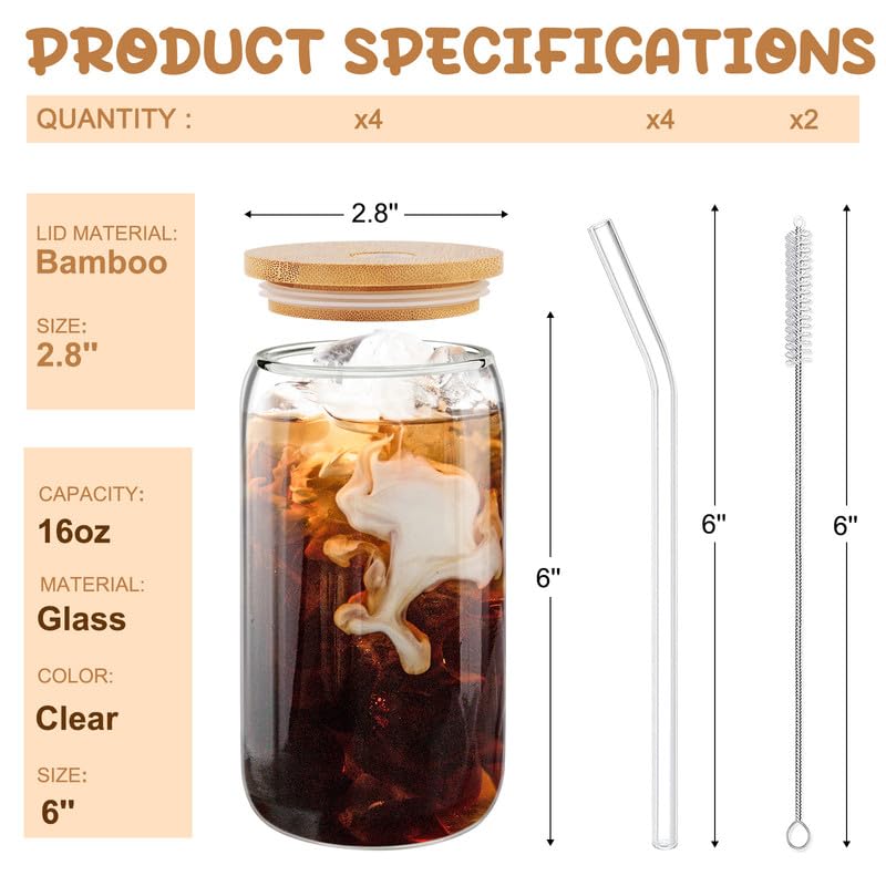 MOVNO Sublimation Glass Cups with Lids and Straws, 4 Pack 20oz Drinking Glasses with Bamboo Lid Iced Coffee Cup Can Shaped Cups Reusable Boba Cups Juices Cocktail Travel Bottle Gifts