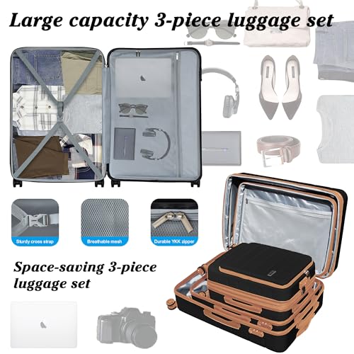 KEYTANG SmileLine Hardside Expandable Luggage W/Quick Access Front Open Pocket Lightweight Carry-on with Makeup Bag, Black, 3 Piece Set