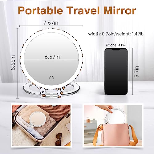 Famihomii Travel Makeup Mirror with 3 Color Lights and 10X Magnification, Rechargeable Travel Mirror Double Sided, Lighted Led Vanity Desk Magnifying Mirror with Adjustable Rotation, Leopard Print