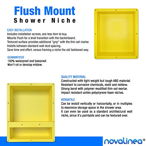 Novalinea 16" x 14" Single Shelf Recessed Shower Niche with Mounting Screws Included, Mounts Flush with 1/2" Backerboard, Ready to Tile, Easy to Install and Waterproof