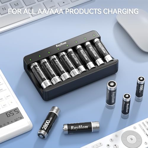 RayHom AA AAA Battery Charger 2-Pack - 8 Bay Smart Individual Charger for Ni-MH Ni-CD Rechargeable Batteries