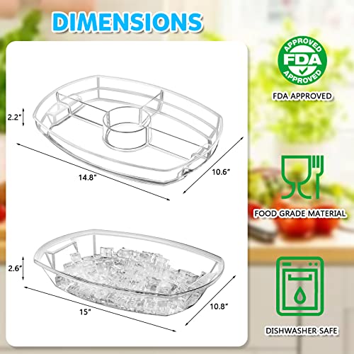 Chilled Serving Tray, 15" Clear Plastic Party Platter with 4 Compartments, Ice Serving Bowl with Bamboo Sticks, Stainless Spoons Forks Clamps, Appetizer Serving Tray on Ice for Veggie, Appetizer