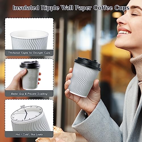 MUCHII 12 oz Disposable Coffee Cups, Paper Coffee Cups With Lids & Straws,100 Count Insulated Ripple To Go Coffee Cups 12 oz for Tea, Hot Chocolate and Drinks (Silver grey)