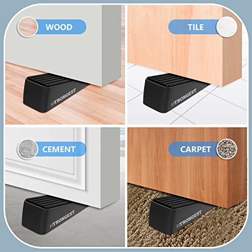 Strongest Door Stopper, Heavy Duty Door Stop Wedge Made of Premium Quality Zinc and Rubber Suits Any Door,Any Floor. Set of 2 and Additional Self Adhesive Wall Protectors (Black, 2 Pack)