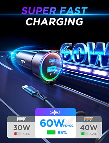 USB C 60W Super Fast Car Charger PD& QC3.0 with 5ft 30W Type C Coiled Cable, Car Phone Charger Adapter for iPhone 16/15 Pro Max Plus, Samsung Galaxy S24/S23/S22, Google Pixel/Moto/LG/Android, iPad Pro