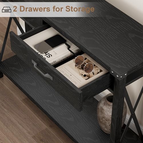 IDEALHOUSE Console Table with 2 Drawers, Farmhouse Sofa Table with Storage Shelf, Accent Wood Entryway Table for Living Room, Hallway, Foyer-Black