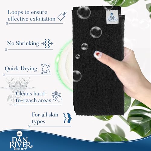 DAN RIVER Exfoliating Towel for Shower - Extra-Large 47x12 Inch 100% Nylon Body Scrubber, Rip-Resistant Washcloth & Back Scrubber for Deep Cleansing | Ultimate Skin Exfoliator for All Skin Types Black