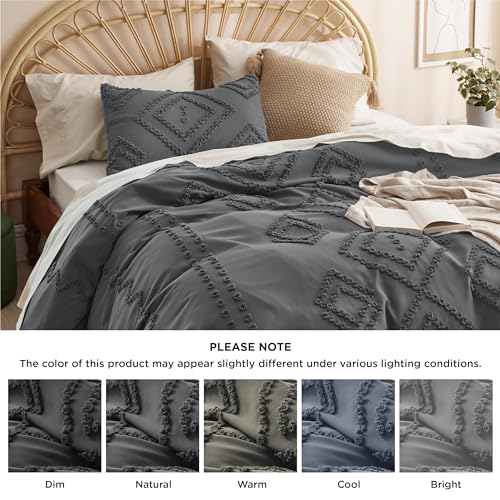 Bedsure Striped Tufted Duvet Cover Queen - Shabby Chic Duvet Cover, 3pcs All-Season Size Boho Bedding for All Seasons, Includes 1 Queen Duvet Cover & 2 Pillowcases (Navy, Queen, 90"x90")