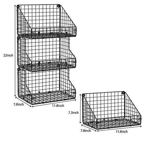 X-cosrack 3-Tier Stackable Detachable Snack Organizer (Large Size), Countertop Display/Wall Mounted Shelf with 5 Hooks Wire Basket Snack Shelf for Office Cabinets, Kitchen, Pantry, 11.8x7.8x22 Inch