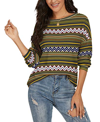 JINKESI Women Long Sleeve Tops Color Block Sweatshirts Round Neck Loose Tunic Top Khaki-Medium