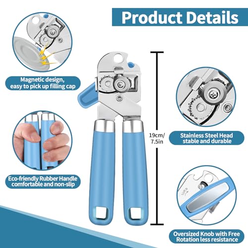 Can Opener Manual & Jar Opener set，Manual Can Opener with Magnet ，Heavy Duty can opener manual smooth edge.(2, Blue+Grey blue)