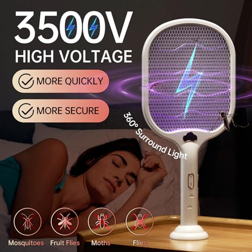 Electric Fly Swatter Racket buzzkick Foldable Bug Zapper Racket Portable 3 In 1 Fly Swatter Electric With USB Rechargeable Base 3500V Dual Mode Mosquito Killer For Indoor Home Kitchen Bedroom Backyard