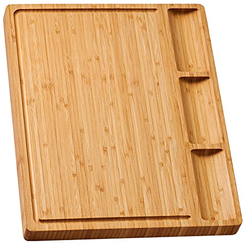 Large Bamboo Wood Cutting Board for Kitchen, Cheese Charcuterie Board with 3 Built-in Compartments and Juice Grooves, Butcher Block (17x12.6")