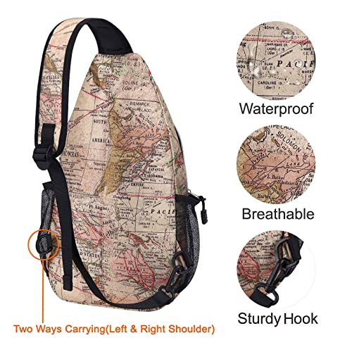 MOSISO Sling Backpack,Travel Hiking Daypack Pattern Rope Crossbody Shoulder Bag, Camel Base World Map