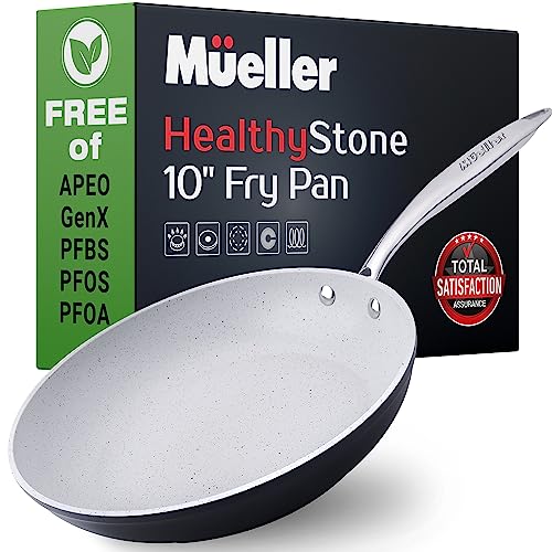 Mueller 10-Inch Fry Pan, Heavy Duty Non-Stick German Stone Coating Cookware, Aluminum Body, Even Heat Distribution, No PFOA or APEO, EverCool Stainless Steel Handle, Grey