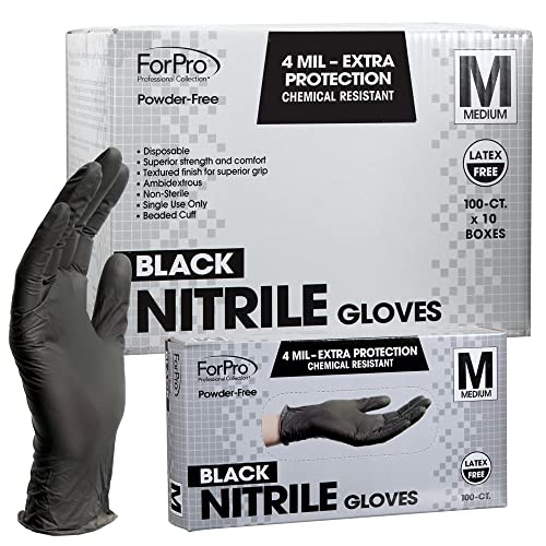 ForPro Professional Collection Disposable Nitrile Gloves, Chemical Resistant, Powder-Free, Latex-Free, Non-Sterile, Food Safe, 4 Mil, Black, Medium, 1000-Count