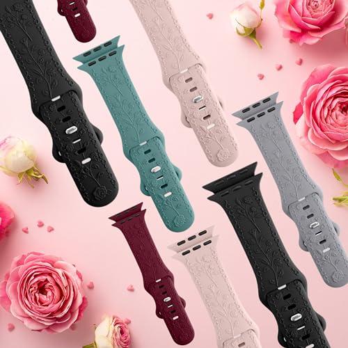 Engraved Floral Watch Band Compatible for Apple Watch Band 38mm 40mm 41mm 42mm 44mm 45mm 49mm Women, 3D Soft Silicone Cute Embossed Flower Watch Strap for iWatch Band Series 9 8 7 6 5 4 3 2 1 SE Ultra