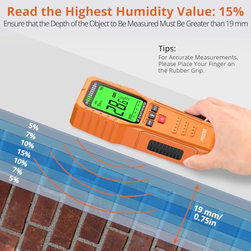 Proster Pinless Wood Moisture Meter - Non Destructive Moisture Tester for Wood Wallboard Masonry, Detect up to 3/4 Inch Below Surface, Backlit Color LCD, Visual Audible Alarm