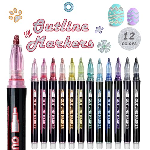 Double Line Outline Pens, 12 Colors Self-outline Metallic Markers, Shimmer Glitter Pens Set for Christmas Card Writing, Birthday Greeting, DIY Art Crafts, Scrap Booking