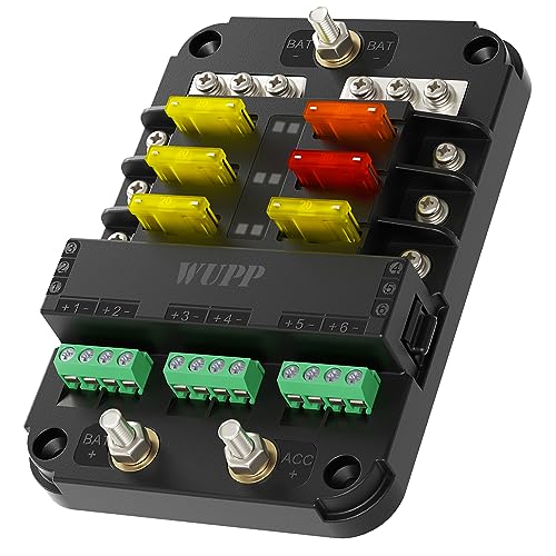 WUPP 12V Fuse Block with Relay, Automotive 6 Circuits Fuse and Relay Box With ACC Interface, Universal Fuse Block and Relay Kit for Cars Trucks Marine Boat