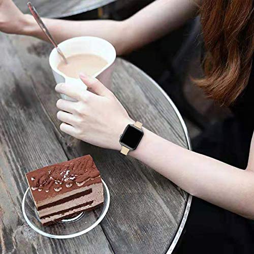 STIROLL Slim Leather Bands Compatible with Apple Watch Band 38mm 40mm 41mm 42mm 44mm 45mm 49mm,Top Grain Leather Watch Thin Wristband for iWatch Ultra SE Series 9/8/7/6/5/4/3/2/1(Brown with Rose Gold)