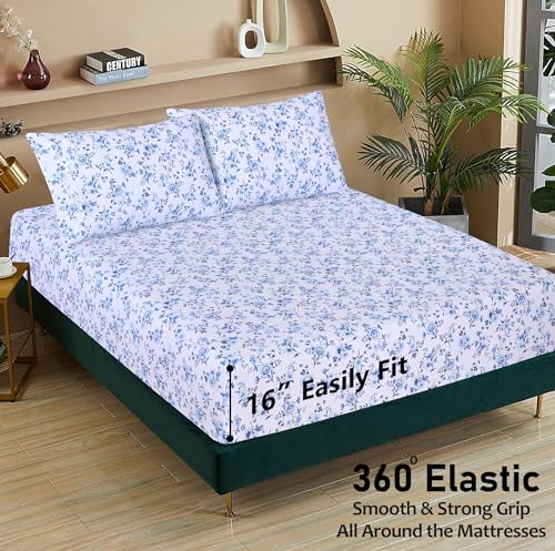 RUVANTI 100% Cotton Sheets - Crispy Cooling Percale Sheets for Queen Size Bed, Breathable & Durable Queen Sheet Set, 16 Inches Deep Pocket Bed Sheets, Prussian, 4 Pieces