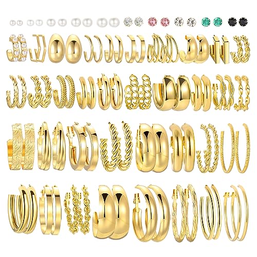 46 Pairs Gold Hoop Earrings Set for Women, Fashion Hypoallergenic Chunky Twisted Pearl Stud Earrings Multipack, Small Big Hoops Earring Packs Trendy for Christmas Birthday Party Jewelry Gift