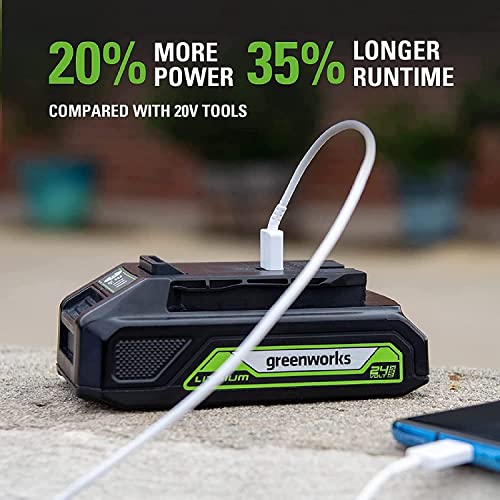 Greenworks 24V Brushless 310 in./lbs Drill / Driver + 2650 in./lbs Impact Driver Combo Kit, (2) USB (Power Bank) Batteries and Dual Port Charger Included LED Light, 2pcs Driving Bits with Tool Bag