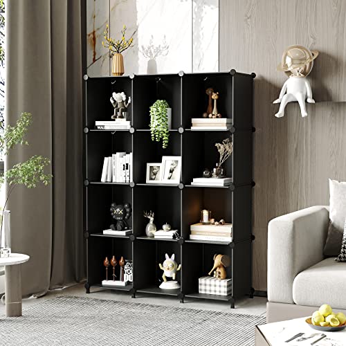 AWTATOS Cube Storage Organizer Storage 12 Cube Bookshelf DIY Plastic Closet Storage Shelves with Wooden Mallet, Ideal Storage Solution for Home, Bedroom, Black