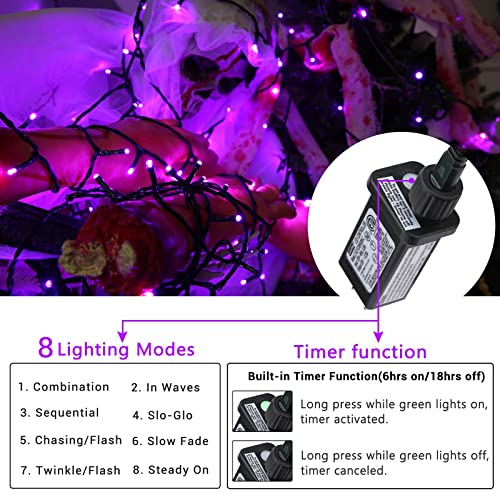Orange and Purple Halloween Lights, 82ft 200 LED Halloween String Lights with 8 Modes, Waterproof Plug in Orange Purple String Lights for Halloween Party, Garden, Indoor Outdoor Halloween Decorations