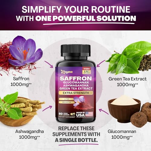 Zoyava Saffron Supplements 1000mg Glucomannan 1000mg Ashwagandha 1000mg Green Tea Extract 1000mg Lutein & Zeaxanthin - Pure Saffron Extract Capsules - Mood & Vision Pills - 2 Month Supply