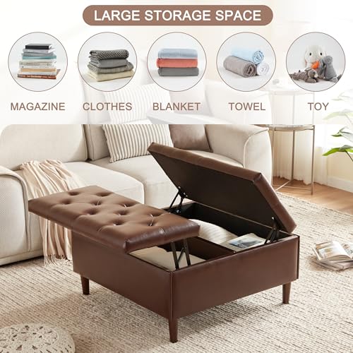 Weture 35 Inch Extra Large Storage Ottoman Coffee Table with Lift Top, Oversized Square Ottoman with Storage, Tufted Upholstered Ottoman Coffee Tables for Living Room (Fabric, Beige)