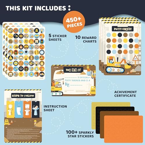 jackinthebox Construction Potty Training Sticker Charts for Toddler Boys & Girls, 100+ Glitter Stickers, 320+ Printed Stickers, Achievement Certificate, Potty Training Kids Reward Chart