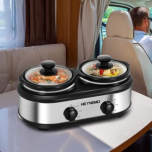 Double Slow Cooker, Buffet Servers and Warmers, Dual 2 Pot Slow Cooker Food Warmer, Adjustable Temp Dishwasher Safe Removable Ceramic Pot Glass Lid, 2 x 1.25 QT Portable Small Crock Cooker