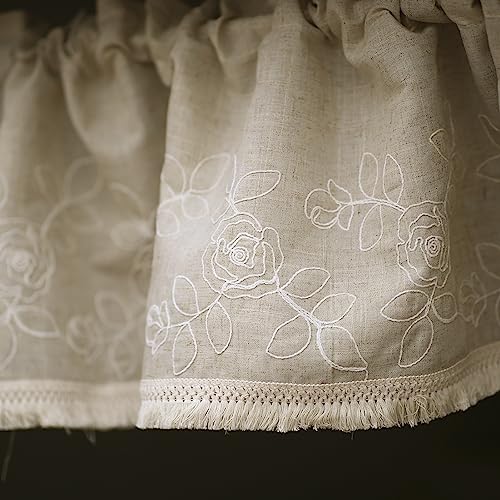SUTAVIA Kitchen Window Valances Linen Fabric with Cotton Embroidery Floral Pattern Lace Rod Pocket Window Curtain Topper Roral Rustic Home Decor for Living Room