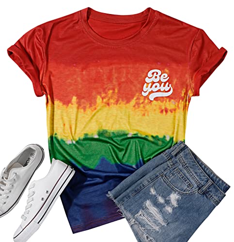 Rainbow Pride Shirt Women Tie Dye LGBT Tshirt Casual Gay Lesbian Pride Month Tee Top