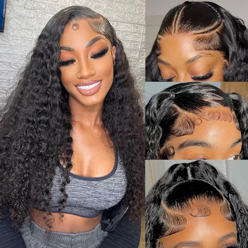 XVE Deep Wave 13x4 Lace Front Wigs Human Hair Pre Plucked 180% Density HD Transparent Lace Frontal Wig Wet And Wavy Wigs For Women Brazilian Hair Curly Glueless Wig Natural Black Color 20 Inch