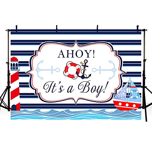 ABLIN 7x5ft Ahoy Nautical Boy Baby Shower Backdrop It's a Boy White Blue Stripes Marine Sea Lighthouse Ship Background Newborn Baby Gender Reveal Party Decor Banner Photo Booth Props