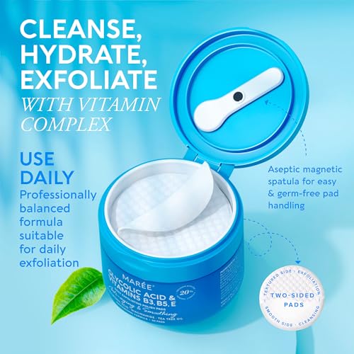 MAREE Glycolic Acid Pads - Toner Pads for Face Cleansing With Tea Tree Oil - Exfoliating Pads with Salicylic Acid & Vitamins E, B3, B5 - Face Pads Facial Peel & Radiance Deep Cleaning Effect - 50 Pads