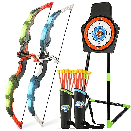 Handwell Archery Toy Set for Kids, Bow and Arrow Set with 10 Suction Cup Arrows, LED Light Up Archery Set with Standing Target & Quiver, Bow and Arrows Set Toy Gift for Boys Girls Children Age 3-12