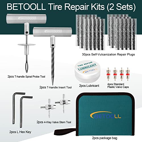 BETOOLL Tire Repair Kit Sets of 2-24pcs Compatible with Car, Motorcycle, ATV, Jeep, Truck, Tractor Flat Tire Puncture Repair