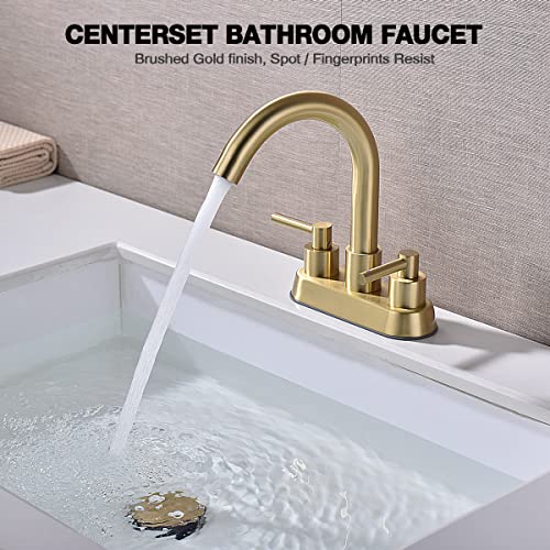 TRUSTMI Brushed Gold Bathroom Faucet 4 Inch Centerset 2 Handle 3 Hole Lavatory Vanity Sink Faucet with Overflow Pop Up Drain and cUPC Water Supply Lines, Spot Resist
