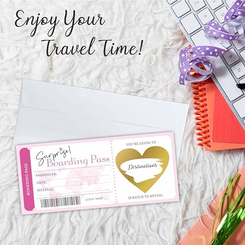 Surprise Boarding Pass Gift Ticket, DIY Scratch Off Travel Ticket Set With Envelopes, Surprise Reveal Gift Card For Events & Holidays(Pink) - A40