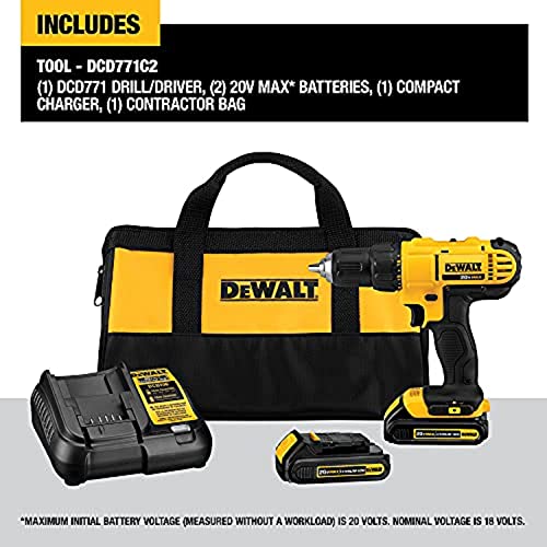 DEWALT DCD771C2 20V MAX Lithium-Ion Compact Drill/Driver Kit with DW2166 45-Piece Screwdriving Set